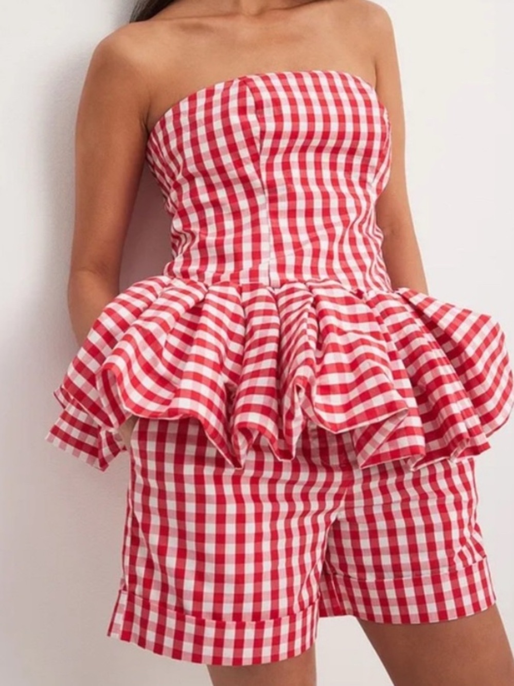 NA-KD Red Gingham Set Strapless Peplum Romper
